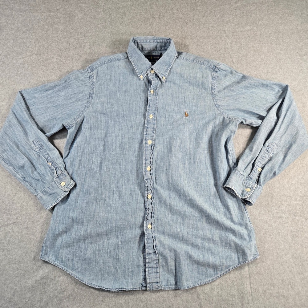 Polo Ralph Lauren Mens Large Classic Fit Light Wash Chambray Button Down Shirt